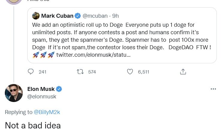 le gusta la idea |  Elon Musk y Mark Cuban hablan sobre el uso de Dogecoin para resolver el problema del spam en Twitter |  Las noticias del paraíso